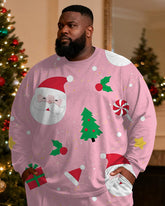 Big & Tall Men's Santa Claus Cartoon Pink Printed Long Sleeve T-Shirt Pants Set